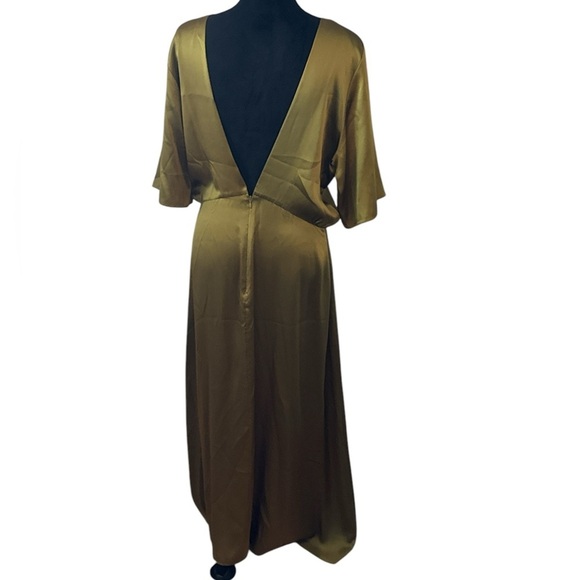 COS olive green 100% silk Deep V back Drape front short sleeves maxi dress Sz 12 - Picture 8 of 11
